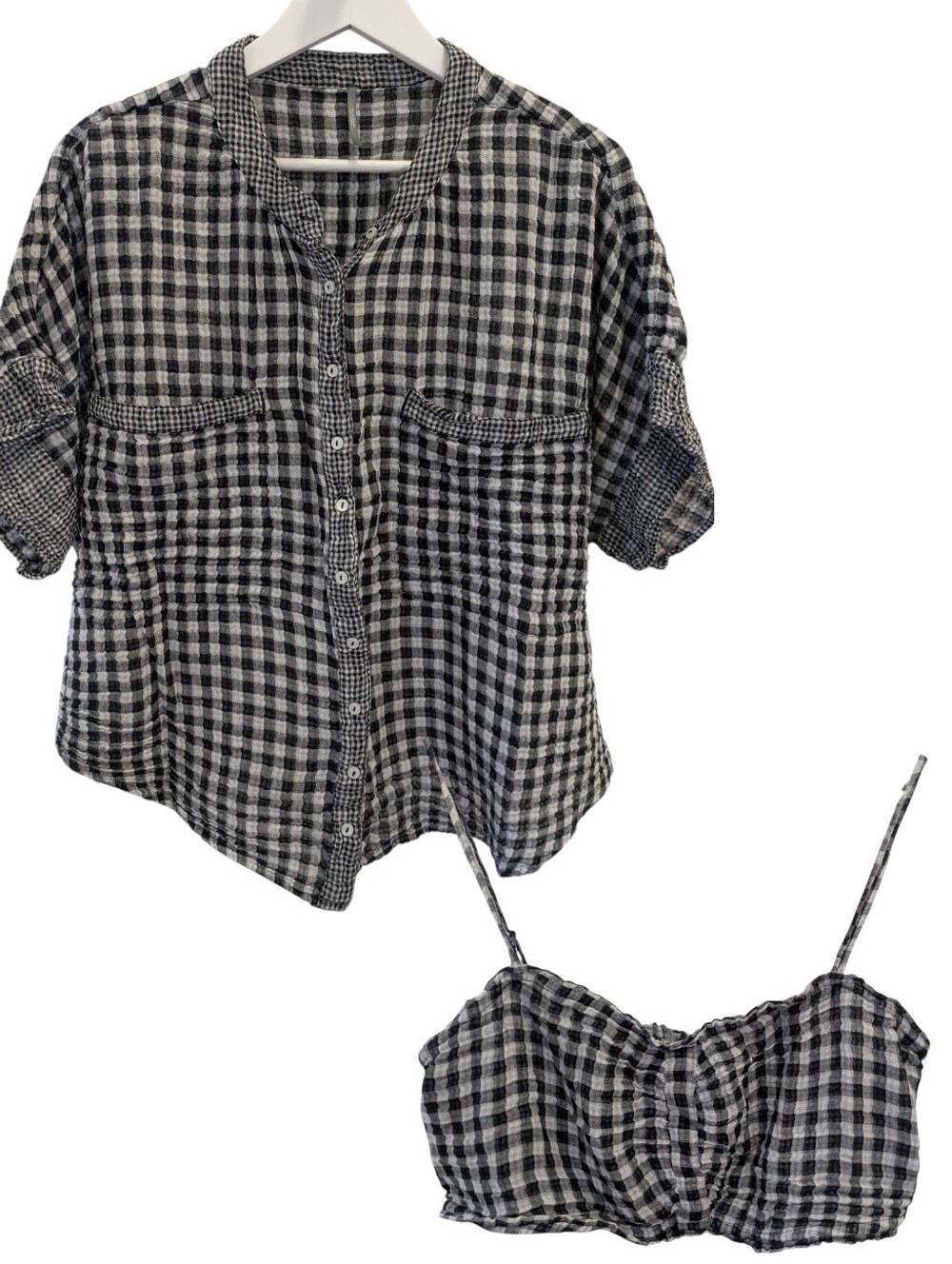 Anthropologie Gingham 2 Pc Lounge Set XL Black White Seersucker Button Blouse